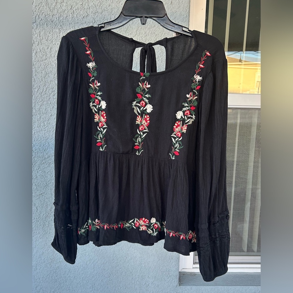 American Eagle Women's Embroidered Babydoll Open Back Boho Festival Top M